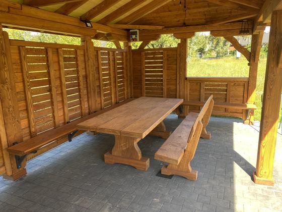 Altana biesiadna drewniana, AB011, wymiar 3,5x10m, kolor teak, pokrycie gont brazowy, dach 2S, barierka B06, realizacja Ciesielnia, zdjęcie 8