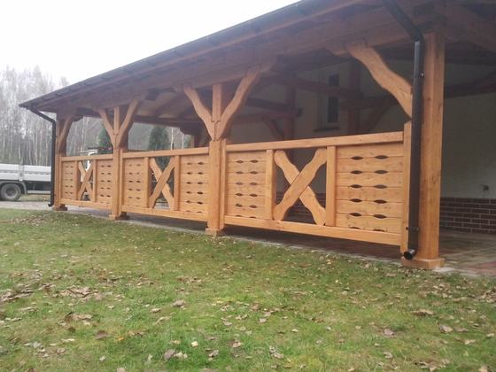 Garaż drewniany lub wiata garażowa, G013, wymiar 4x8m, kolor teak, pokrycie gont czerwony, dach 3S, barierka B04, rodzaj otwarty, realizacja Ciesielnia, zdjęcie 5
