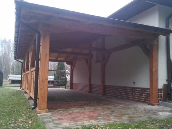 Garaż drewniany lub wiata garażowa, G013, wymiar 4x8m, kolor teak, pokrycie gont czerwony, dach 3S, barierka B04, rodzaj otwarty, realizacja Ciesielnia, zdjęcie 6
