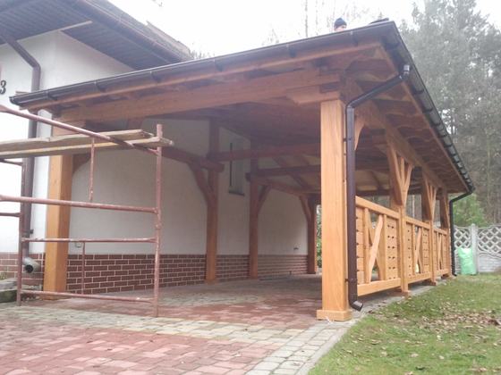 Garaż drewniany lub wiata garażowa, G013, wymiar 4x8m, kolor teak, pokrycie gont czerwony, dach 3S, barierka B04, rodzaj otwarty, realizacja Ciesielnia, zdjęcie 9