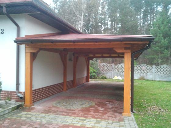 Garaż drewniany lub wiata garażowa, G013, wymiar 4x8m, kolor teak, pokrycie gont czerwony, dach 3S, barierka B04, rodzaj otwarty, realizacja Ciesielnia, zdjęcie 10