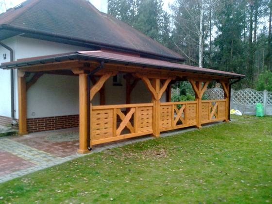 Garaż drewniany lub wiata garażowa, G013, wymiar 4x8m, kolor teak, pokrycie gont czerwony, dach 3S, barierka B04, rodzaj otwarty, realizacja Ciesielnia, zdjęcie 13