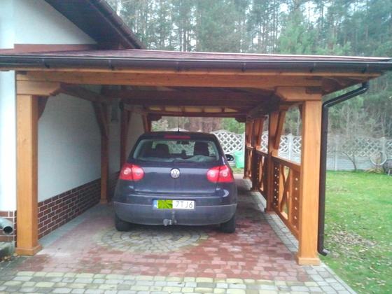 Garaż drewniany lub wiata garażowa, G013, wymiar 4x8m, kolor teak, pokrycie gont czerwony, dach 3S, barierka B04, rodzaj otwarty, realizacja Ciesielnia, zdjęcie 15