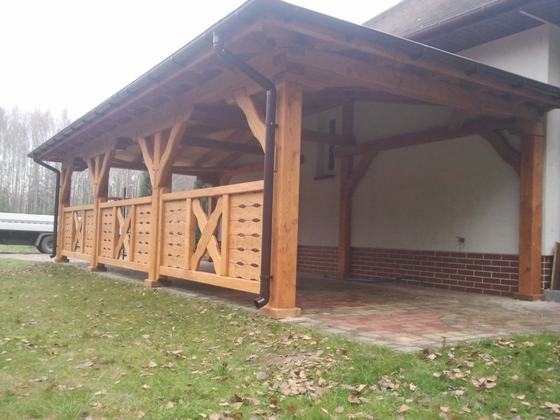 Garaż drewniany lub wiata garażowa, G013, wymiar 4x8m, kolor teak, pokrycie gont czerwony, dach 3S, barierka B04, rodzaj otwarty, realizacja Ciesielnia, zdjęcie 16