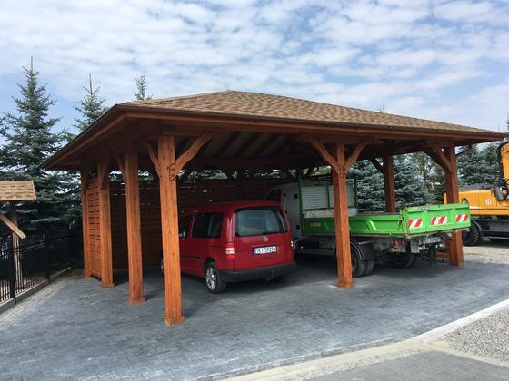 Garaż drewniany lub wiata garażowa, G016, wymiar 6x7m, kolor teak, pokrycie gont brazowy, dach 4S, rodzaj otwarty, realizacja Ciesielnia, zdjęcie 4