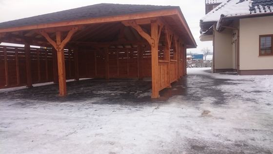 Garaż drewniany lub wiata garażowa, G017, wymiar 6,8x10,5m, kolor teak, pokrycie gont czarny, dach 4S, barierka B02, rodzaj otwarty, realizacja Ciesielnia, zdjęcie 11