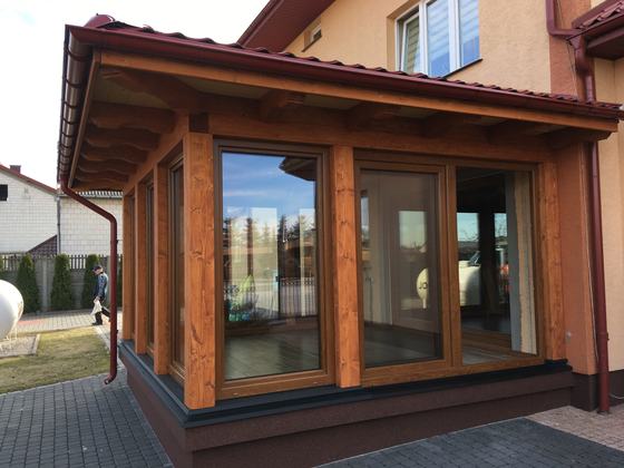 Taras lub zadaszenie drewniane, T016, wymiar 5x6m, kolor teak, pokrycie blacha, dach 3S, realizacja Ciesielnia, zdjęcie 1