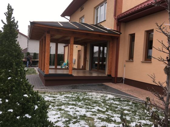Taras lub zadaszenie drewniane, T016, wymiar 5x6m, kolor teak, pokrycie blacha, dach 3S, realizacja Ciesielnia, zdjęcie 6