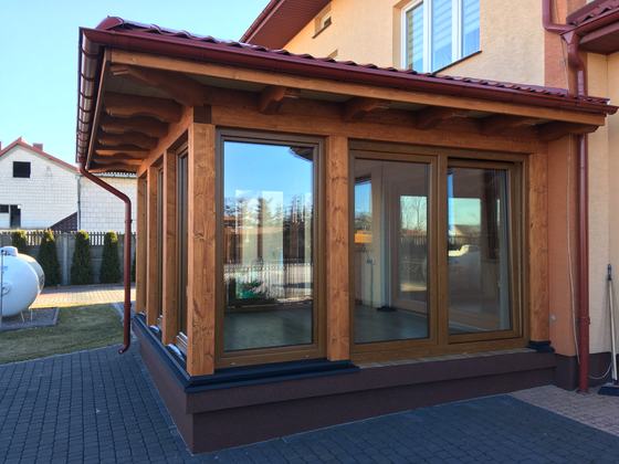 Taras lub zadaszenie drewniane, T016, wymiar 5x6m, kolor teak, pokrycie blacha, dach 3S, realizacja Ciesielnia, zdjęcie 7